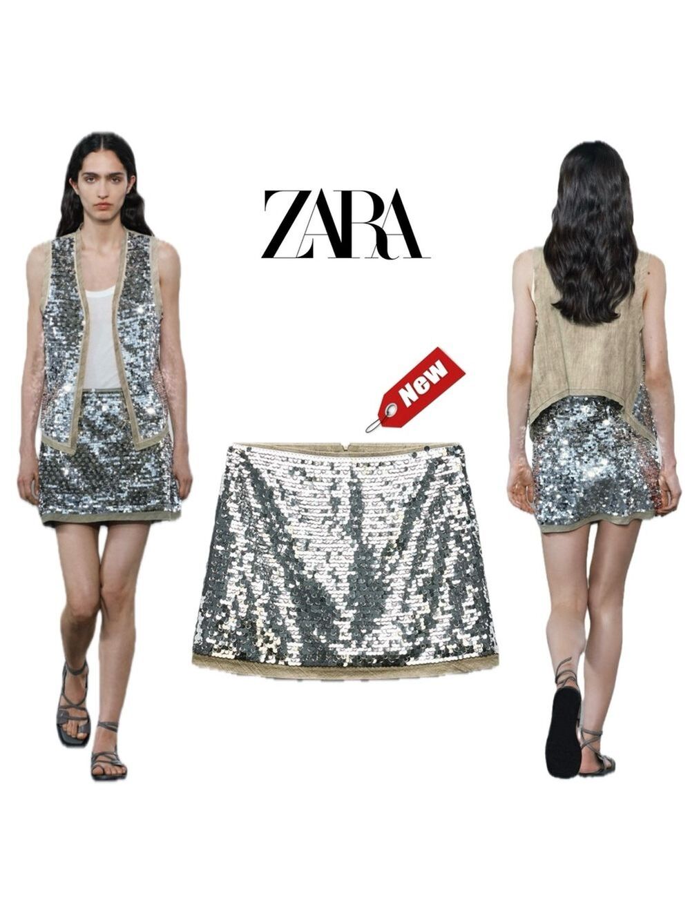 Zara ZW Collection silver beige metallic sequin chain mini skirt high waist Sz S